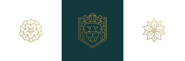 line elegant decoration design elements set - lion head and flowers illustrations minimal linear style vector