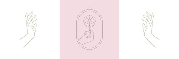 Hand holding flower and hands gesture in boho linear style illustrations set. vector