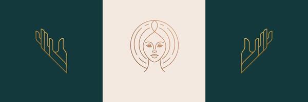 line feminine decoration design elements set - female face and gesture hands illustrations minimal linear style vector