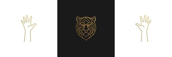 line elegant decoration design elements set - tiger head and gesture hands illustrations minimal linear style vector