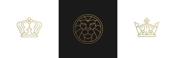 line elegant decoration design elements set - lion head and king crowns illustrations minimal linear style vector