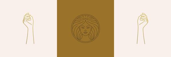 line feminine decoration design elements set - female face and gesture hands illustrations minimal linear style vector