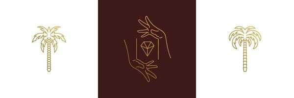 line elegant decoration design elements set -palm trees and female gesture hands illustrations linear style vector