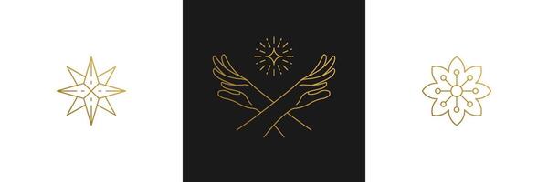 line feminine decoration design elements set - flower and female gesture hands illustrations minimal linear style vector