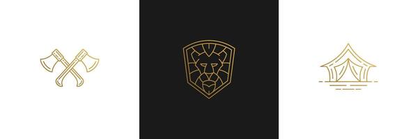 line elegant decoration design elements set - lion head and camp tent illustrations minimal linear style vector