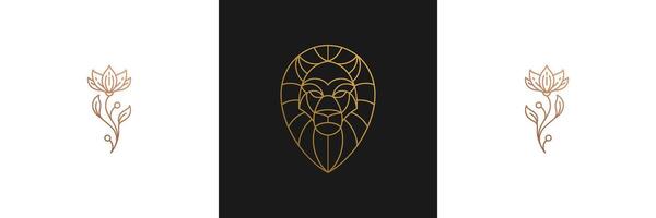 line elegant decoration design elements set - lion head and flowers illustrations minimal linear style vector