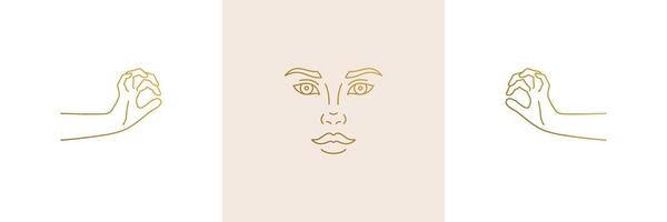 line feminine decoration design elements set - female face and gesture hands illustrations minimal linear style vector