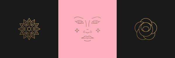 line feminine decoration design elements set - flowers and female gesture hands illustration minimal linear style vector