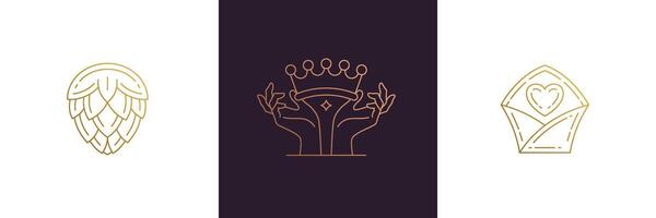 line feminine decoration design elements set - crown and female gesture hands illustrations minimal linear style vector