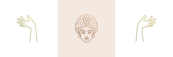 line feminine decoration design elements set - female face and gesture hands illustrations minimal linear style vector