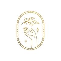 Linear logo of hand with twig in frame hand drawn with thin lines vector