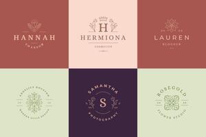 Flower logos emblems design templates set with botanical plants and rose illustrations minimal linear style. vector