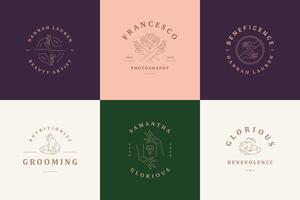 Feminine logos emblems design templates set with female hands gestures illustrations minimal line art style vector