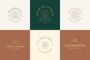 Flower logos emblems design templates set with botanical plants and rose illustrations minimal linear style. vector