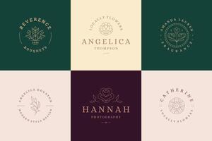 Flower logos emblems design templates set with botanical plants and rose illustrations minimal linear style. vector