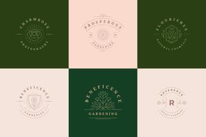 Flower logos emblems design templates set with botanical plants and rose illustrations minimal linear style. vector
