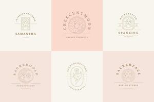 Feminine logos emblems design templates set with magic female illustrations minimal linear style vector