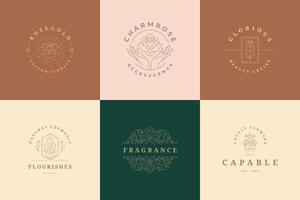 Flower logos emblems design templates set with botanical plants and rose illustrations minimal linear style. vector