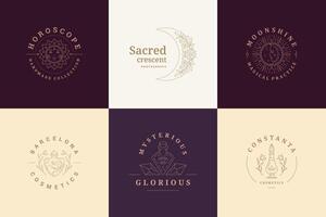 Esoteric logos emblems design templates set with mystic moon and magic sun illustrations minimal linear style vector