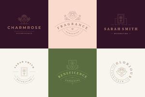 Flower logos emblems design templates set with botanical plants and rose illustrations minimal linear style vector