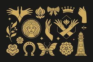Esoteric magic and witch design elements set with female hands gestures. vector