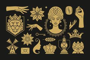 Esoteric magic and witch design elements set with female hands gestures. vector