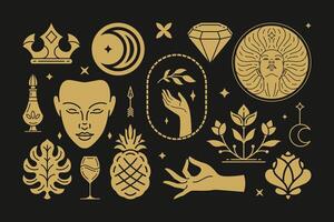 Esoteric magic and witch design elements set with female hands gestures. vector