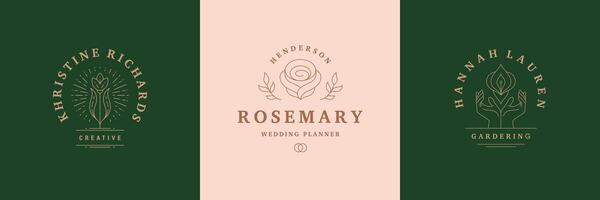 Botanical logos emblems design templates set with blossom flowers and rose illustrations minimal line art style vector