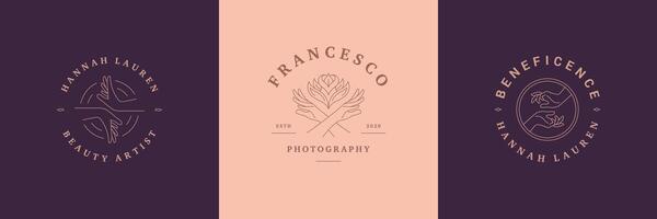 Feminine logos emblems design templates set with female hands gestures illustrations minimal line art style vector