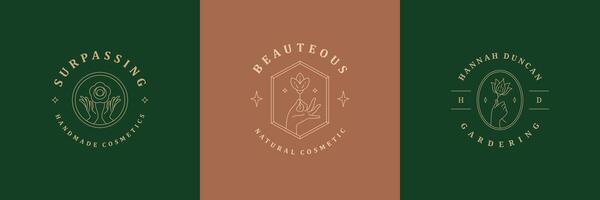 Feminine logos emblems design templates set with female hands and flowers illustrations minimal linear style vector
