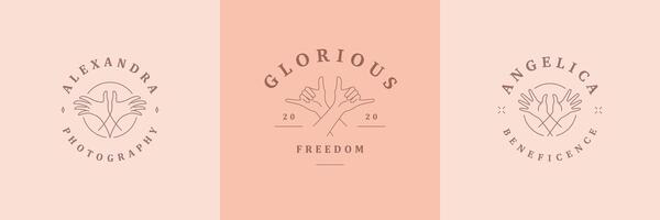 Feminine logos emblems design templates set with female hands gestures illustrations minimal line art style. vector