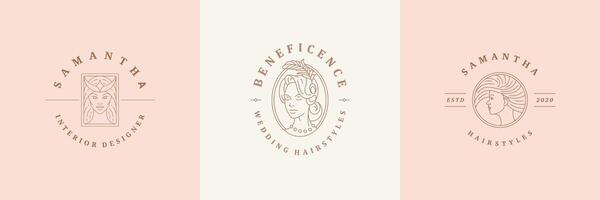 Feminine logos emblems design templates set with celestial woman portraits illustrations minimal linear style vector