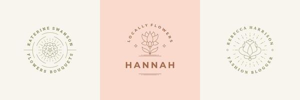 Botanical logos emblems design templates set with blossom flowers and rose illustrations minimal linear style vector