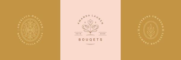 Botanical logos emblems design templates set with blossom flowers illustrations minimal line art style vector