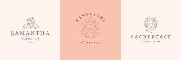 Feminine logos emblems design templates set with magic female portraits illustrations minimal linear style vector