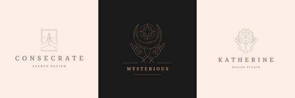 Mystic logos emblems design templates set with magic moon and female hands illustrations minimal linear style vector