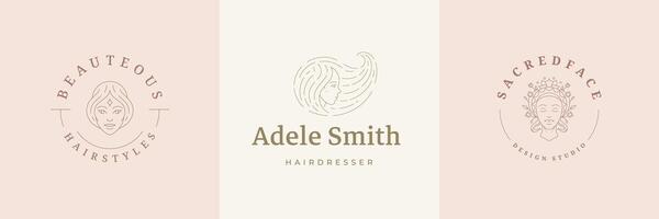 Feminine logos emblems design templates set with magic female portraits illustrations minimal linear style vector