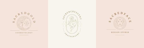Feminine logos emblems design templates set with magic female illustrations minimal linear style vector