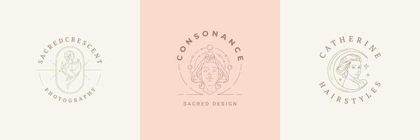 Feminine logos emblems design templates set with magic female illustrations minimal linear style vector
