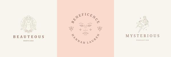 Feminine logos emblems design templates set with magic female illustrations minimal linear style. vector
