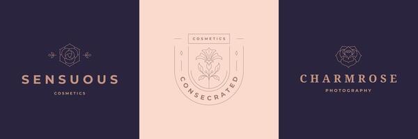 Flower logos emblems design templates set with botanical plants and rose illustrations minimal line art style vector