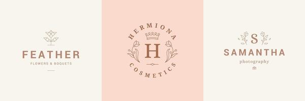 Botanical logos emblems design templates set with blossom flowers illustrations minimal linear style. vector