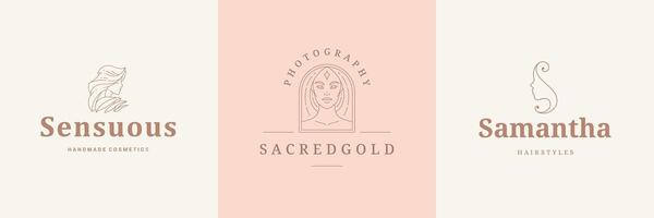 Feminine logos emblems design templates set with female portraits illustrations minimal linear style vector