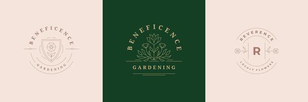 Flower logos emblems design templates set with botanical plants and petals illustrations minimal line art style. vector