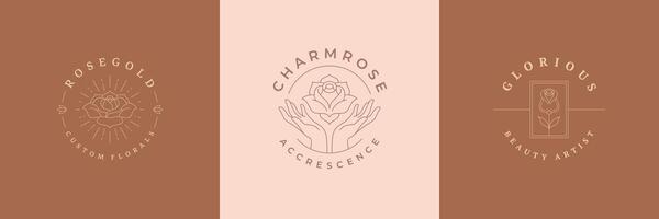 Flowers logos emblems design templates set with botanical plants and rose illustrations minimal linear style vector
