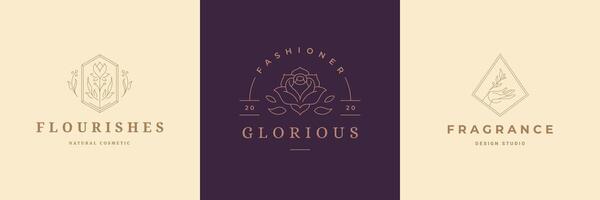 Flower logos emblems design templates set with botanical plants and rose illustrations minimal linear style vector