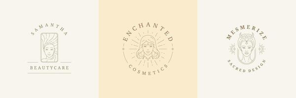 Feminine logos emblems design templates set with magic female portraits illustrations minimal linear style. vector