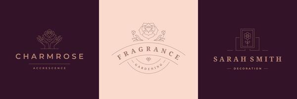 Flower logos emblems design templates set with botanical plants and rose illustrations minimal linear style vector