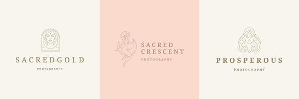 Feminine logos emblems design templates set with magic female illustrations minimal linear style vector