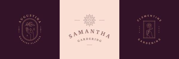 Flowers logos emblems design templates set with botanical plants and rose illustrations minimal linear style vector